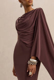 Kamoria Brown Round Neck Midi Dress With Cape Sleeve