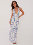 Sky Linen Maxi Dress Floral Wave