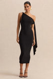 Arcelia Black Asymmetric Neck Midi Dress With Knot Sleeve Detail