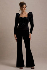 Suzu Black Velvet Puff Sleeve Top With Bows