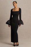 Retreat Black Square Neck Maxi Dress With Satin Puff Sleeves