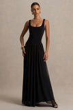 Amelia Black Scoop Neck Maxi Dress With Pleated Skirt