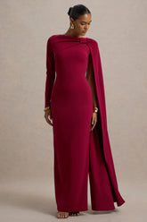 Frances Burgundy High Neck Maxi Dress With Cape Detail