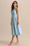Odette Powder Blue Asymmetric Neck Midi Dress With Scarf