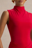 Cascade Red High Neck Maxi Dress With Twist Detail