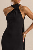 Devinae Black Asymmetric Neck Midi Dress With Open Back And Scarf Detail
