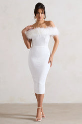Maiden White Lace Bardot Midi Dress With Feather Trim