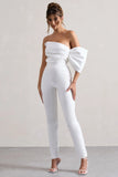Adabella White Satin Strapless One Sleeve Straight Leg Jumpsuit