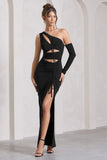 Carlina Black Ruched One Shoulder Cut Out Split Maxi Dress