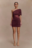 Dallas One Shoulder Mesh Mini Dress Mahogany
