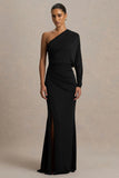Lola Black Asymmetric Neck Maxi Dress With Ruched Detailing And Front High Split