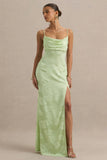 Maddie Light Green Floral Print Satin Cowl Neck Maxi Dress