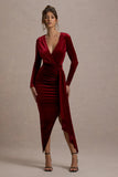 Arcadia Berry Velvet Plunge Neck Wrap Midi Dress