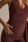 Marlais Chocolate Plunge Neck Jumpsuit With Tie Waist