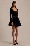 Beloved Black Velvet Embellished Square Neck Mini Dress