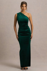 Treat Bottle Green Velvet Asymmetric Neck Maxi Dress With Ruched Detailing
