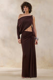 Layla Brown Asymmetric Neck Wrap Maxi Dress With Body Cut Out And Ruched Detailing