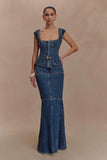 Loretta Cap Sleeve Denim Top Washed Dark Blue