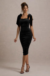 Tarna Black Velvet Midi Dress With Bow Straps