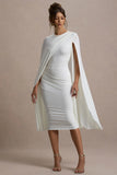 Marysol White Asymmetric Cape Midi Dress