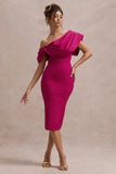 Adrina Dark Pink Draped One Shoulder Midi Dress