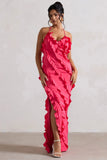 Full On Hot Pink V Neck Ruffle Maxi Dress