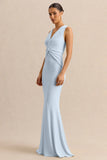 Holly Powder Blue Plunge Neck Maxi Dress With Twist Detail