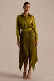Naxos Olive Satin Shirt Maxi Dress With Pleated Skirt