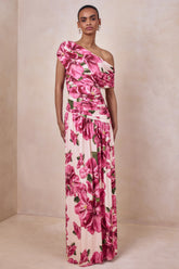 Emberly Pink Hibiscus Floral Print Asymmetric Neck Maxi Dress With Drop Waist