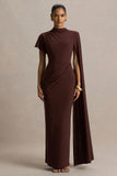 Tropic Brown High Neck Maxi With Long Cape Sleeve