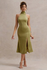 Violette Olive Satin High Neck Split Midi Dress