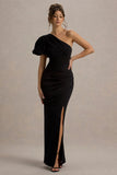 Vittoria Black Asymmetric Puff Sleeve Split Maxi Dress