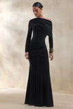 Kessara Black Asymmetric Neck Maxi Dress With Sash And Gathered Detailing