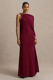 Cressida Burgundy Asymmetric Neck Maxi Dress With Cape And Gold Detail