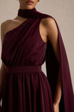 Caluna Burgundy Satin Asymmetric Neck Midi Dress With Scarf Detail
