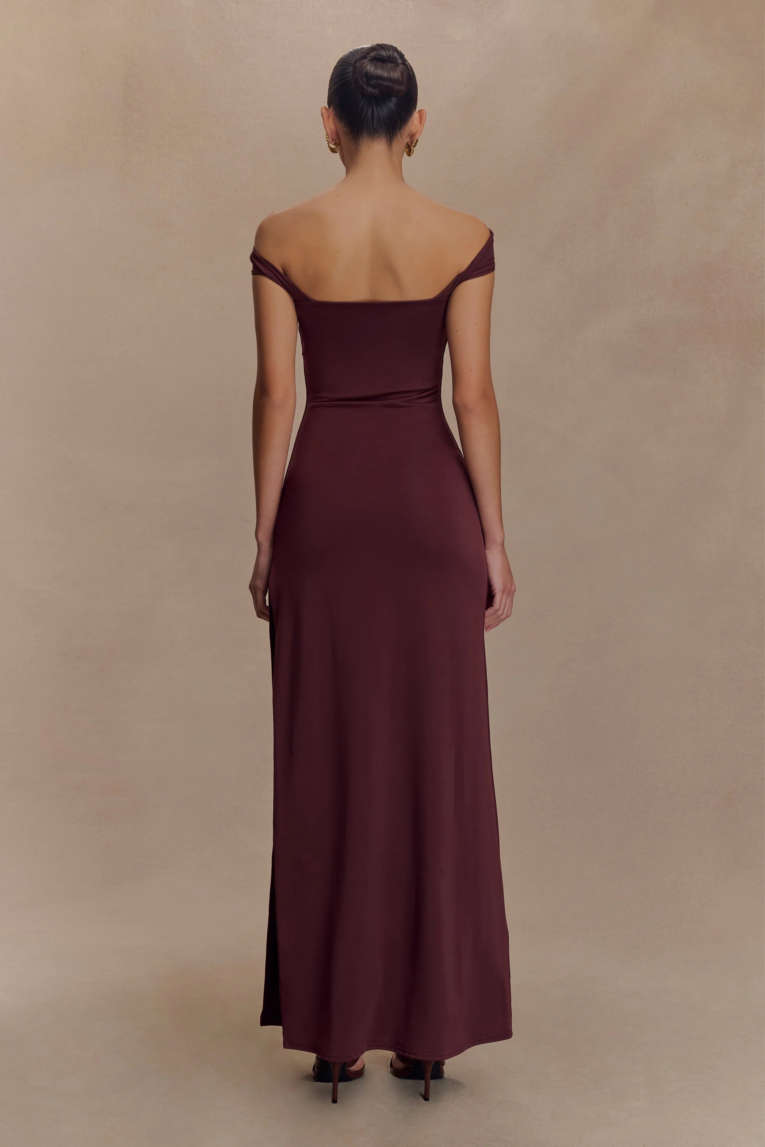 Aurora Slinky And Mesh Split Maxi Dress Mahogany