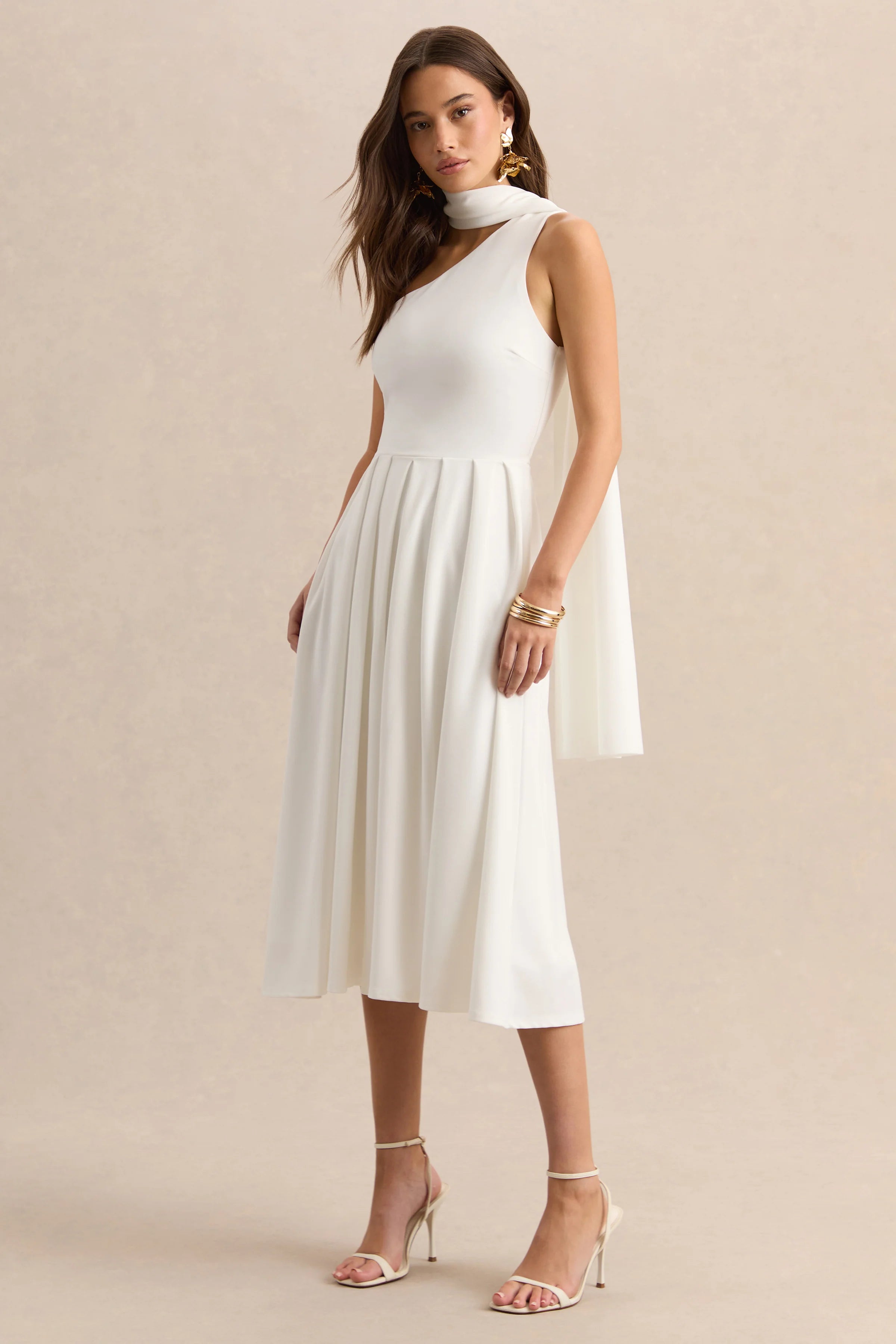 Odette White Asymmetric Neck Midi Dress With Scarf