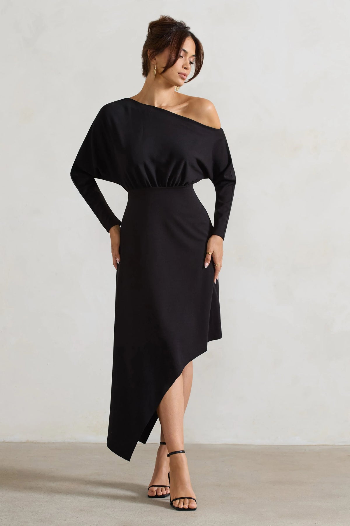 Lori Black Asymmetric Long Sleeve Maxi Dress