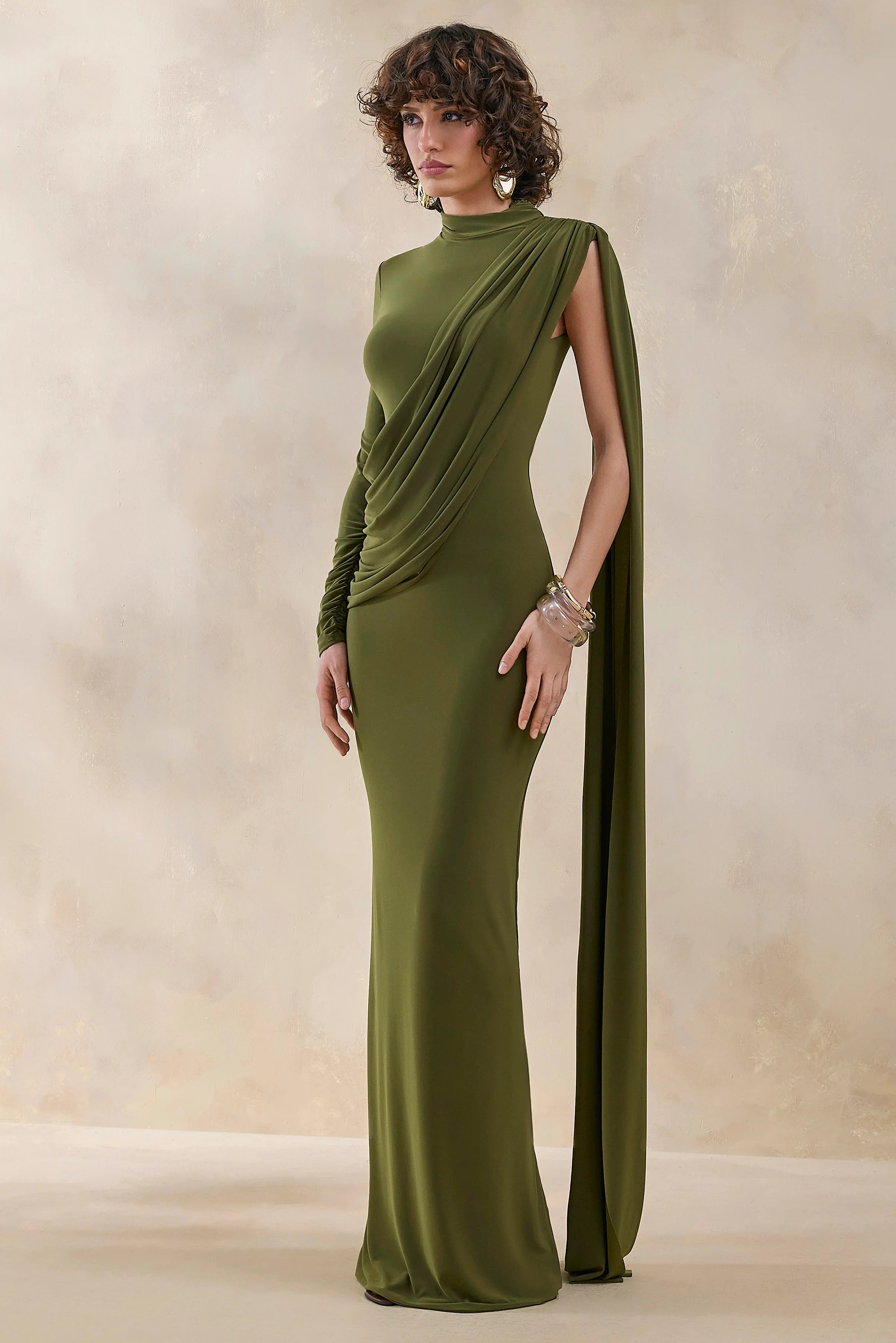 Oliria Olive High Neck Maxi Dress With One Long Sleeve And Sash Detail