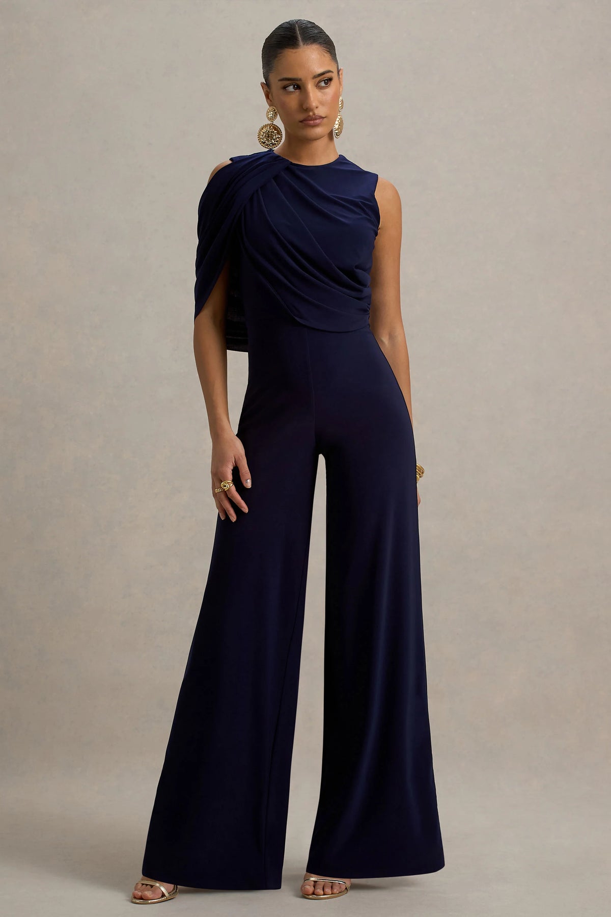 Opulence Navy Jumpsuit With Cape Sleeve and Draped Details