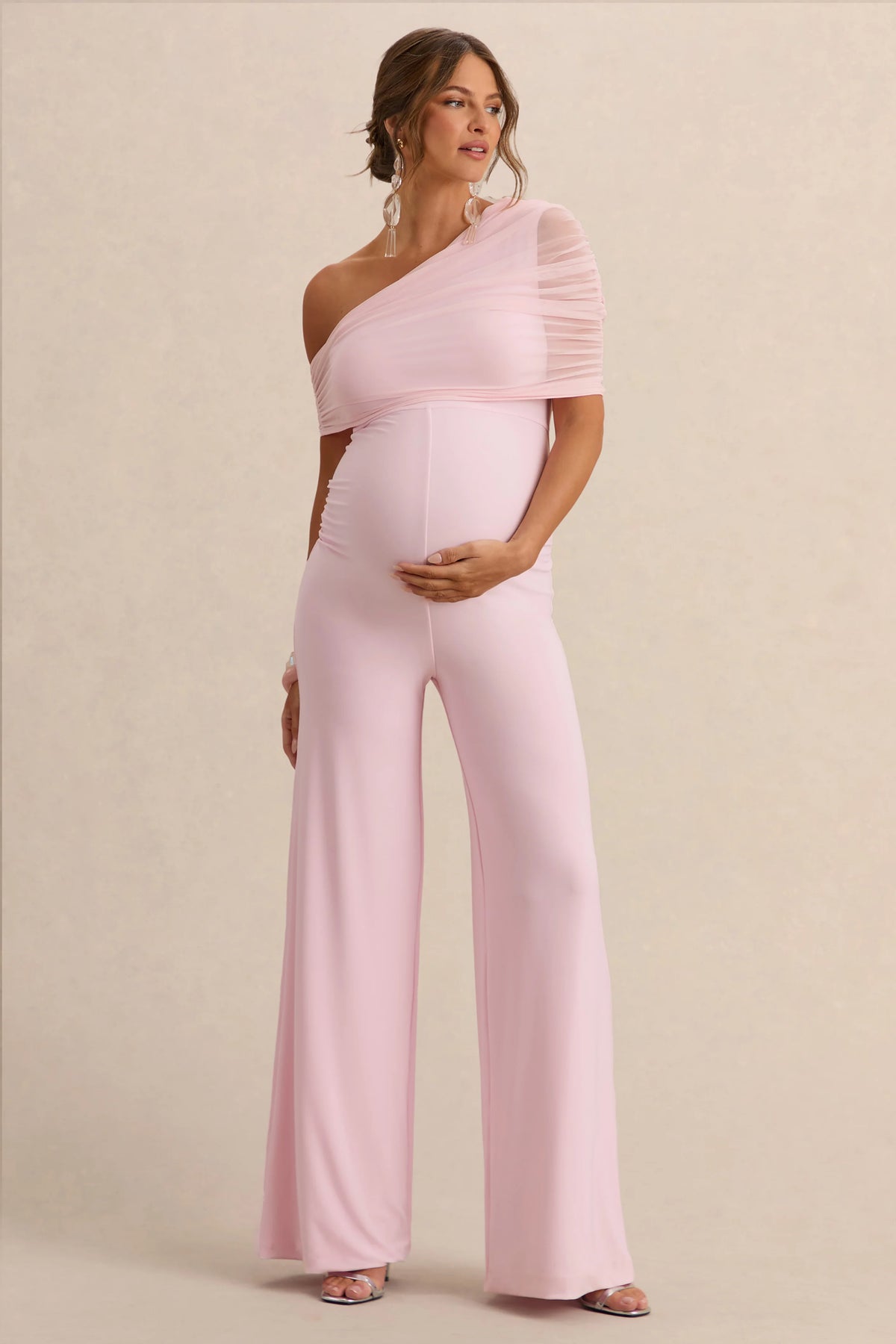 Mariska Light Pink Asymmetric Neck Maternity Jumpsuit With Sash Detail