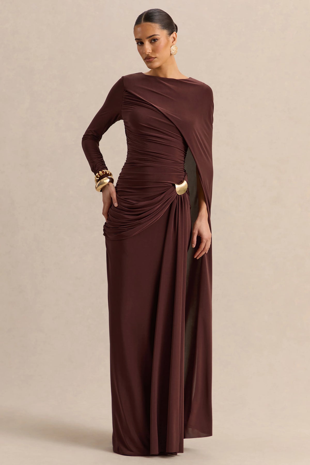 Orintha Brown Slashed Neck Maxi Dress With Cape And Gold Detail