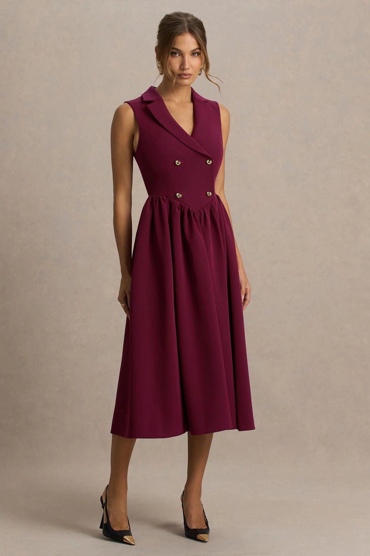 Lisa Burgundy Plunge Neck Tailored Midi Dress With Button Detailing