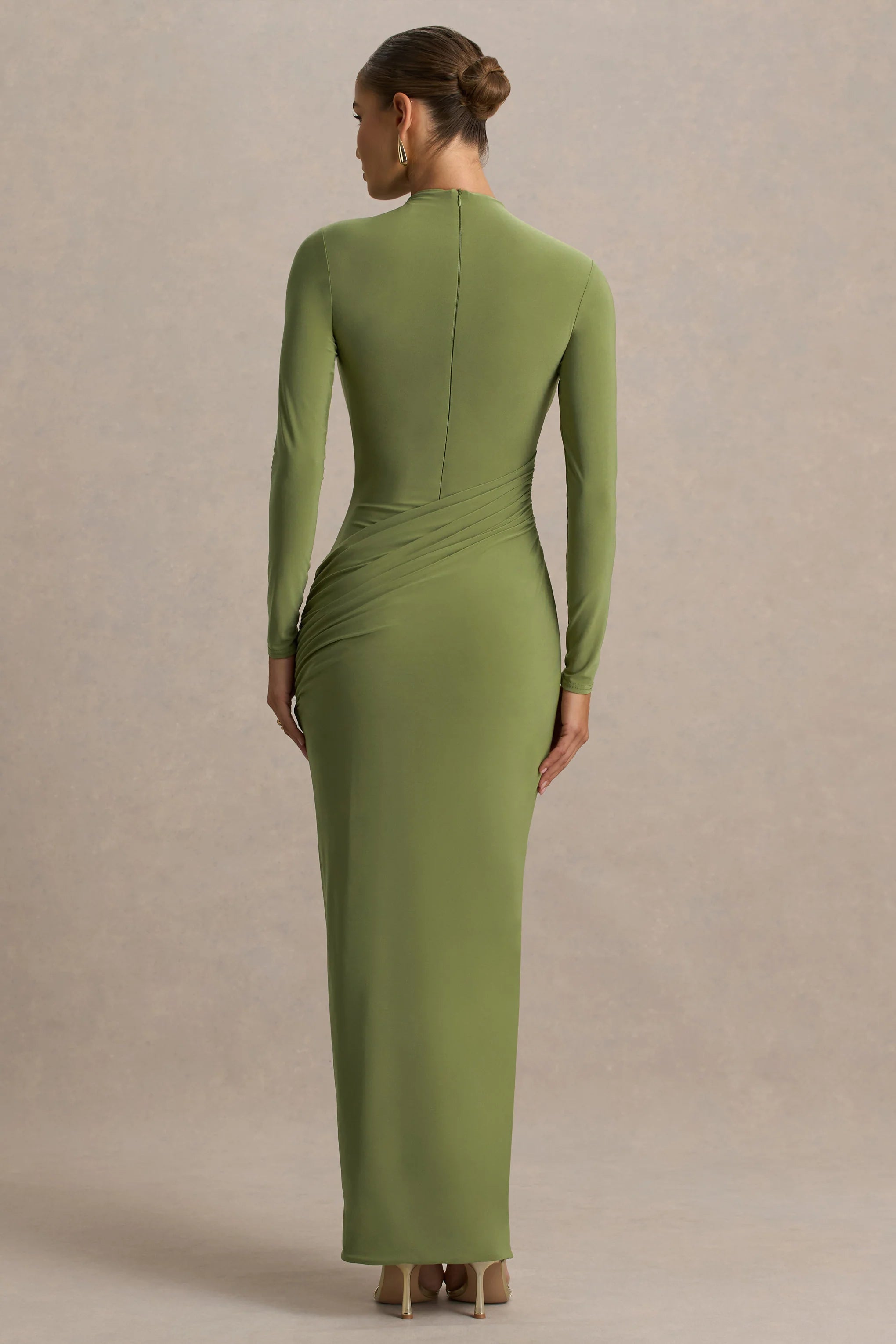 Zephyra Olive High Neck Wrapped Maxi Dress