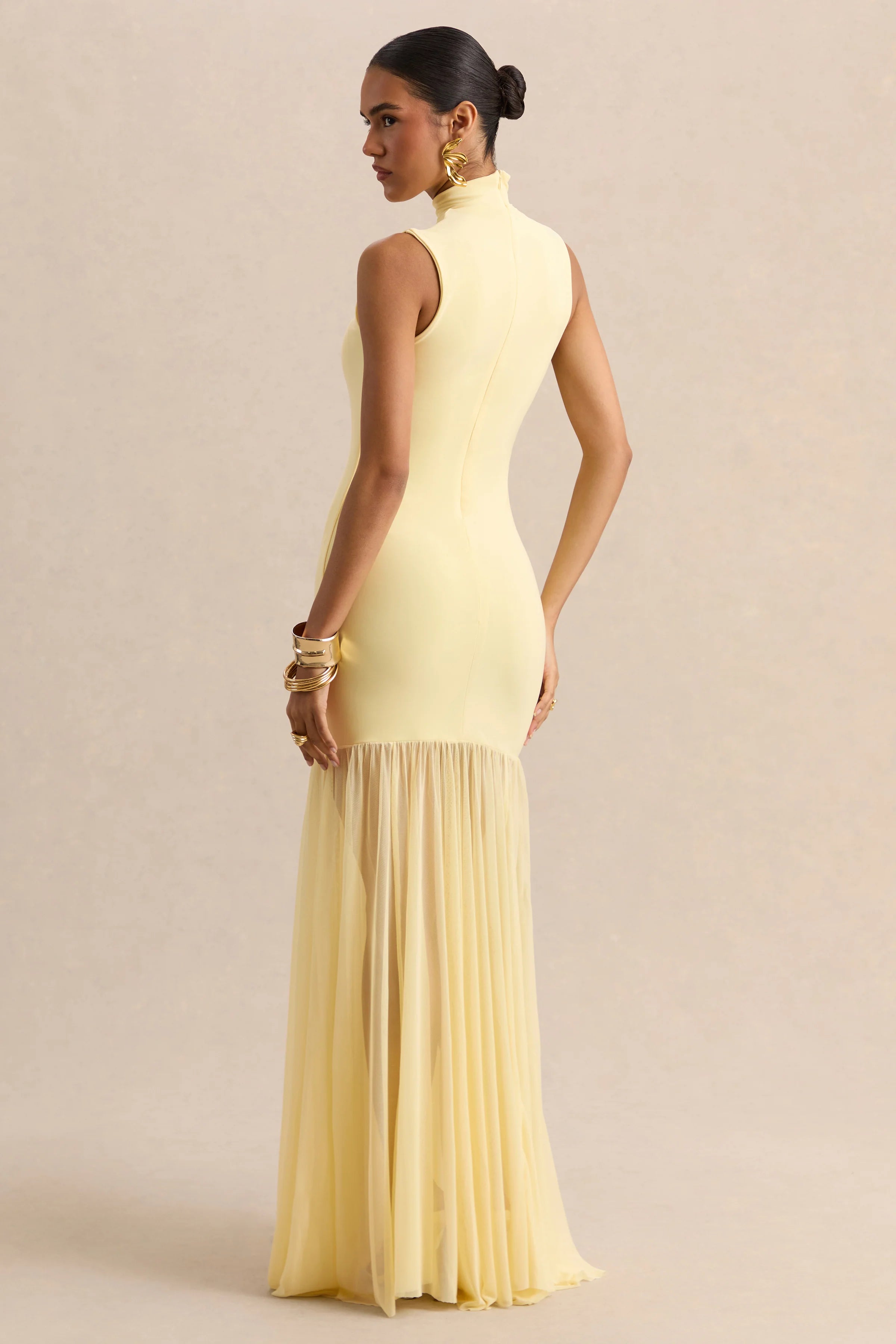 Felina Lemon High Neck Maxi Dress With Sheer Skirt