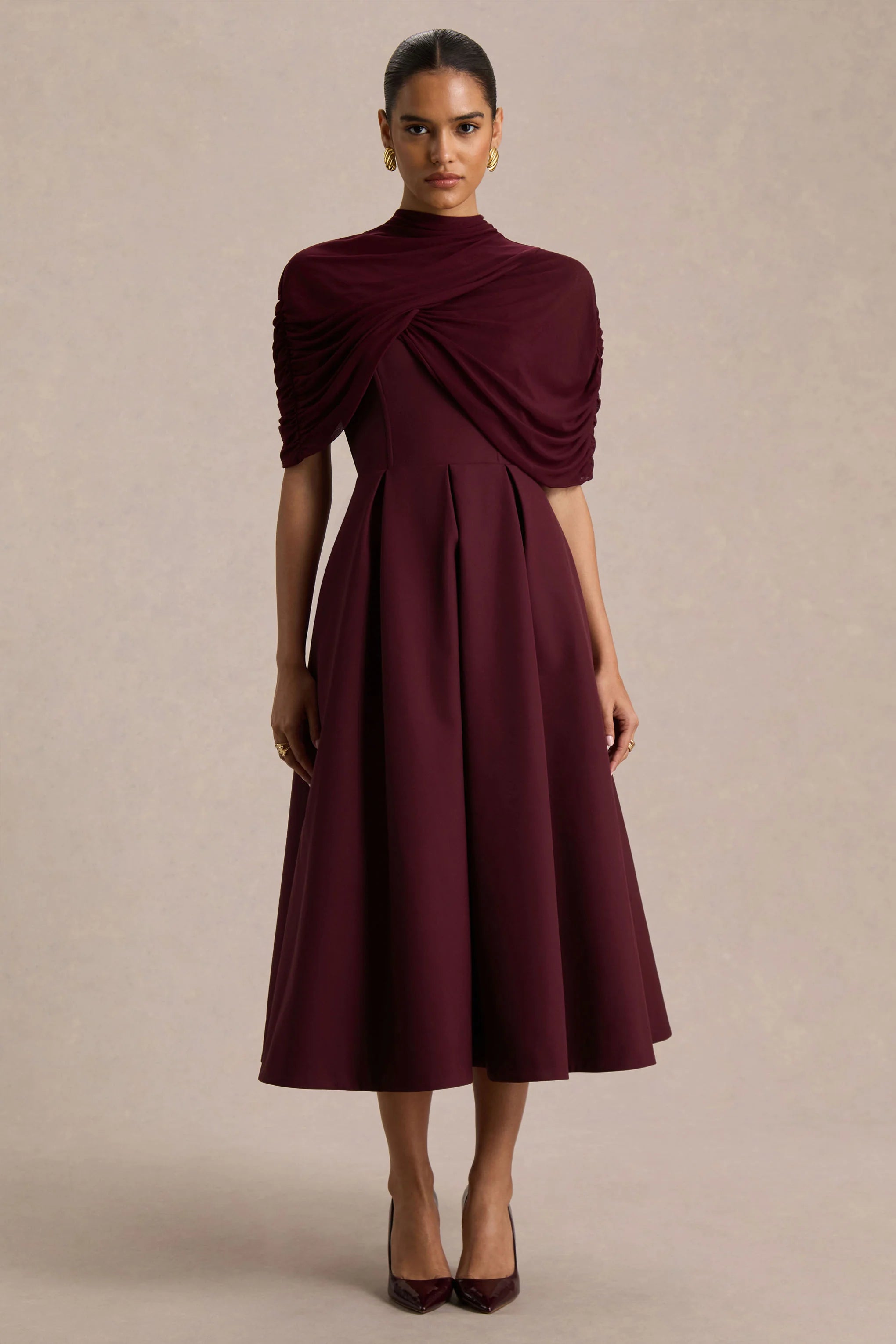 Thalia Burgundy High Neck Midi Dress With Sheer Mesh Cape