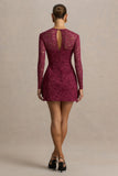 Bijou Burgundy Square Neck Lace Long Sleeve Mini Dress