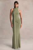 Hyla Green High Neck Maxi Dress With Sash Detail
