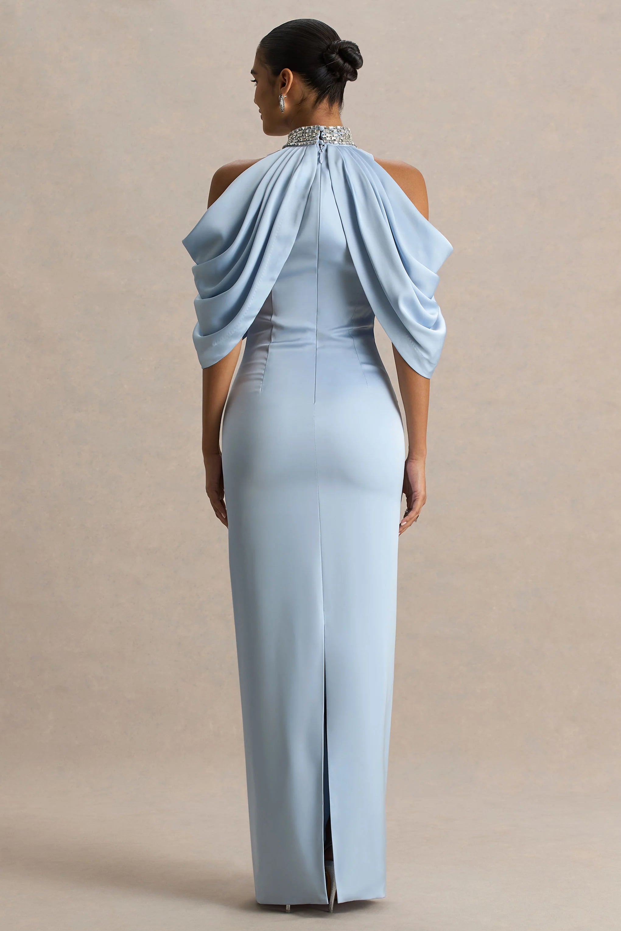 Sulliana Powder Blue Satin High Neck Maxi Dress With Embellished Detail And Cape Sleeves