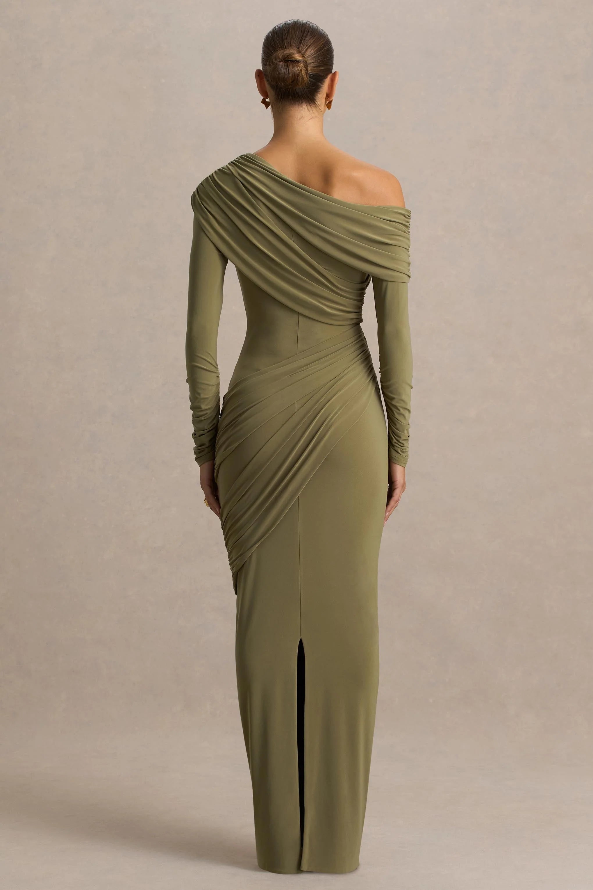 Perrie Olive Asymmetric Neck Maxi Dress With Ruched Detailing